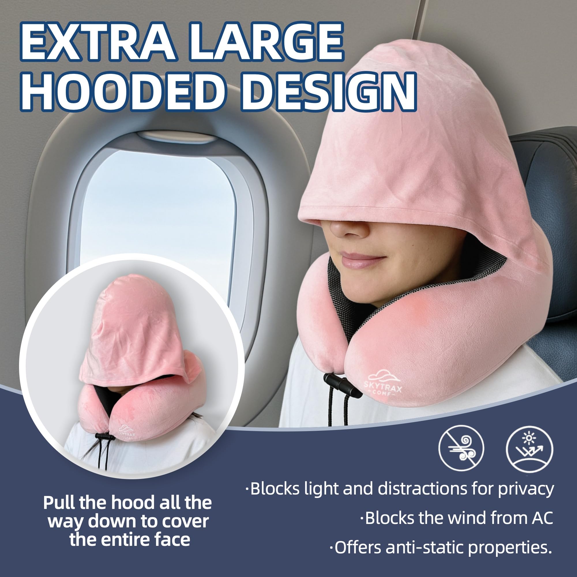 Skytrax Comf travel pillow with removable velvet cover for easy washing and soft touch.