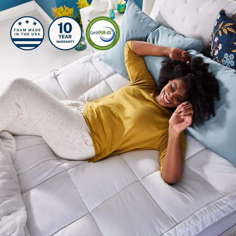 Sleep Innovations bedroom scene emphasizes tranquil sleep environment with enhanced comfort.