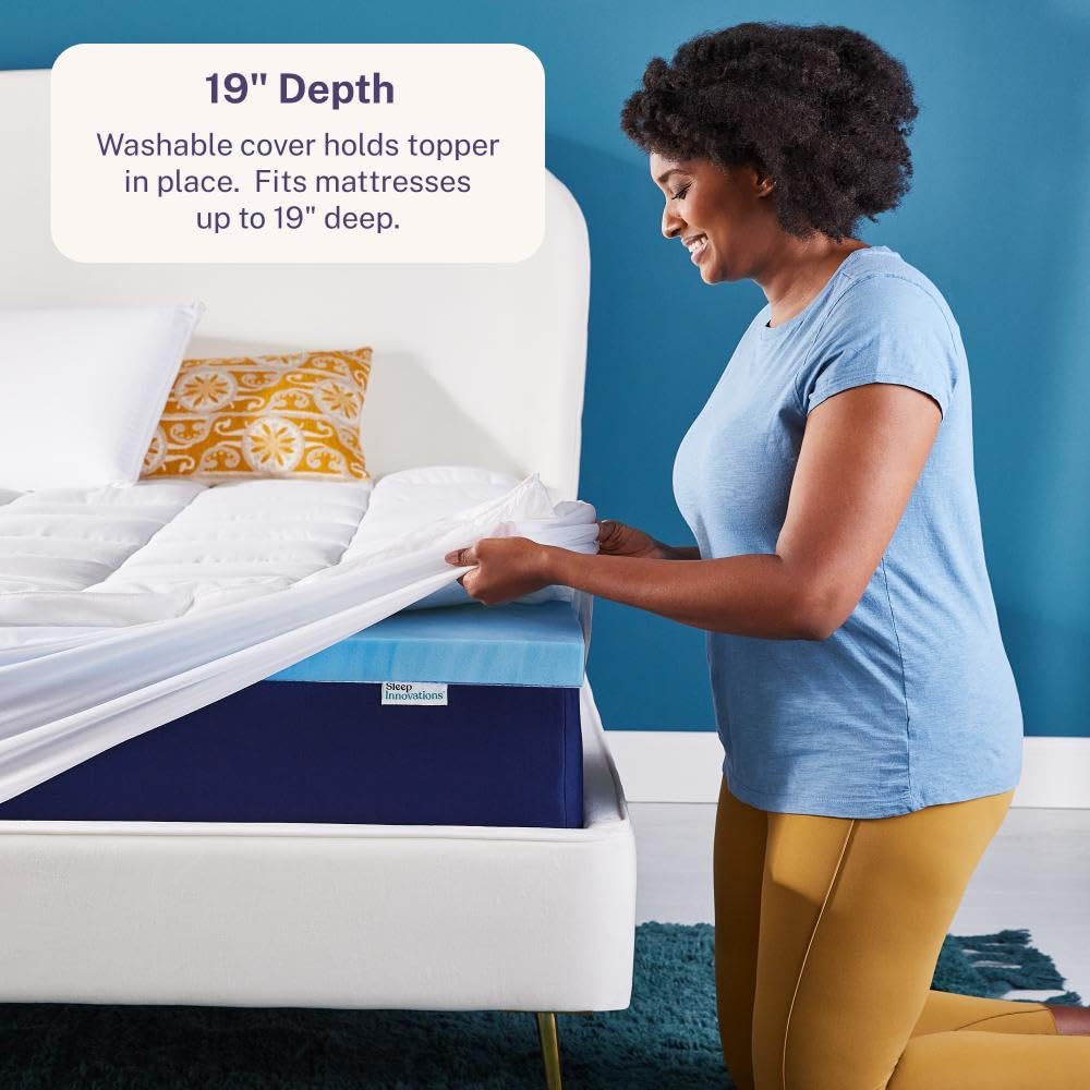 Sleep Innovations king-size topper on bed demonstrates full-room size compatibility.