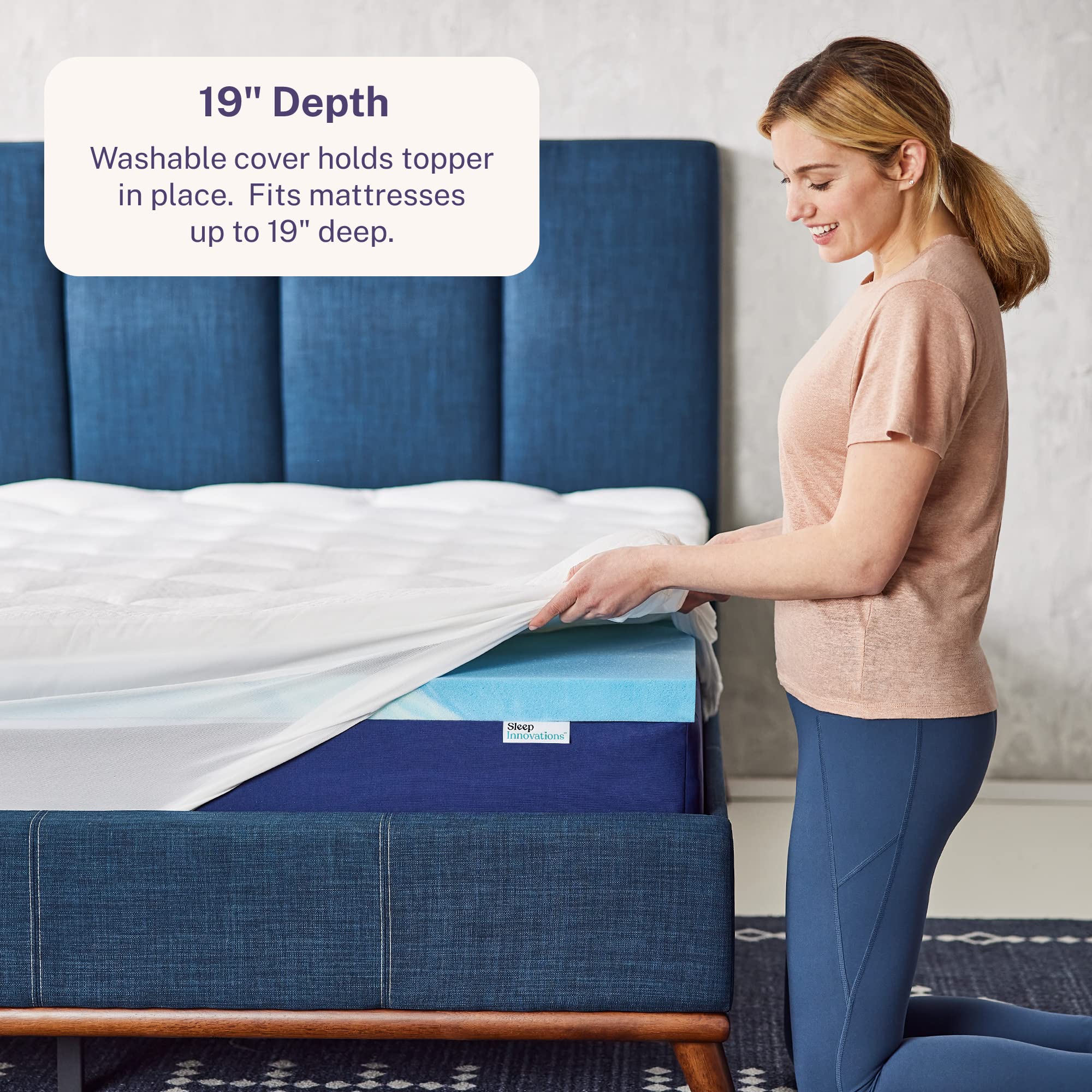 Sleep Innovations queen-size topper fits beds like a fitted sheet for easy setup.