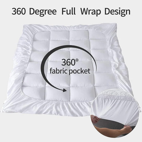 Sleep Mantra topper deep-pocket closeup highlights secure fit on larger mattresses.