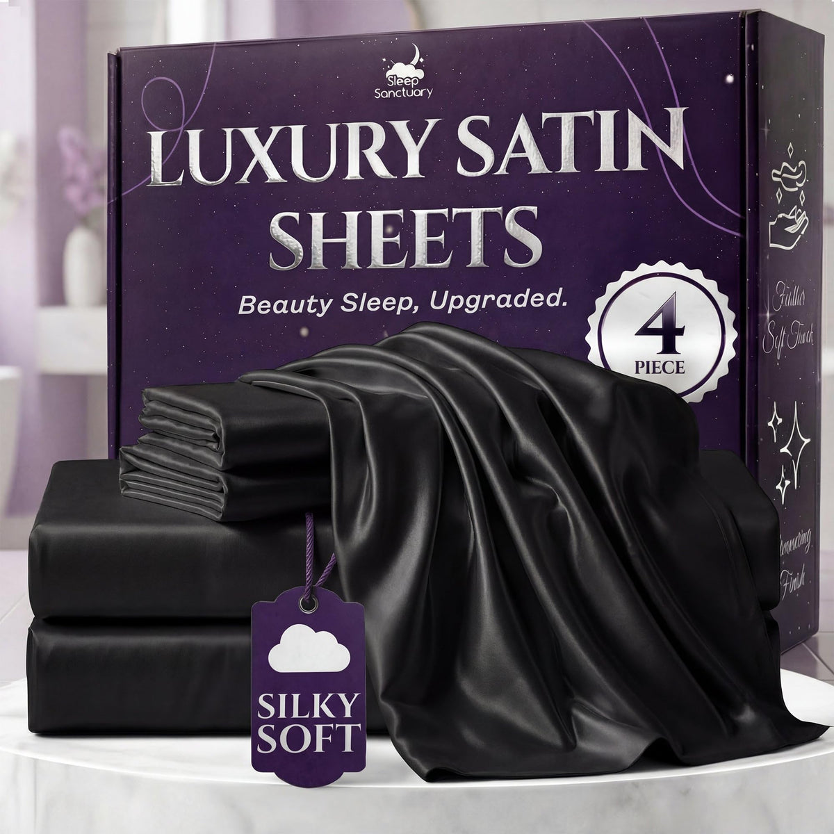 Sleep Sanctuary satin flat sheet close-up shows silky texture for cool, smooth sleep