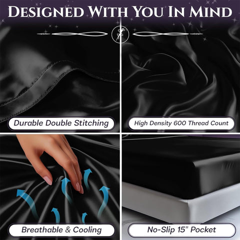 Sleep Sanctuary satin sheets in black add luxe, timeless bedroom flair