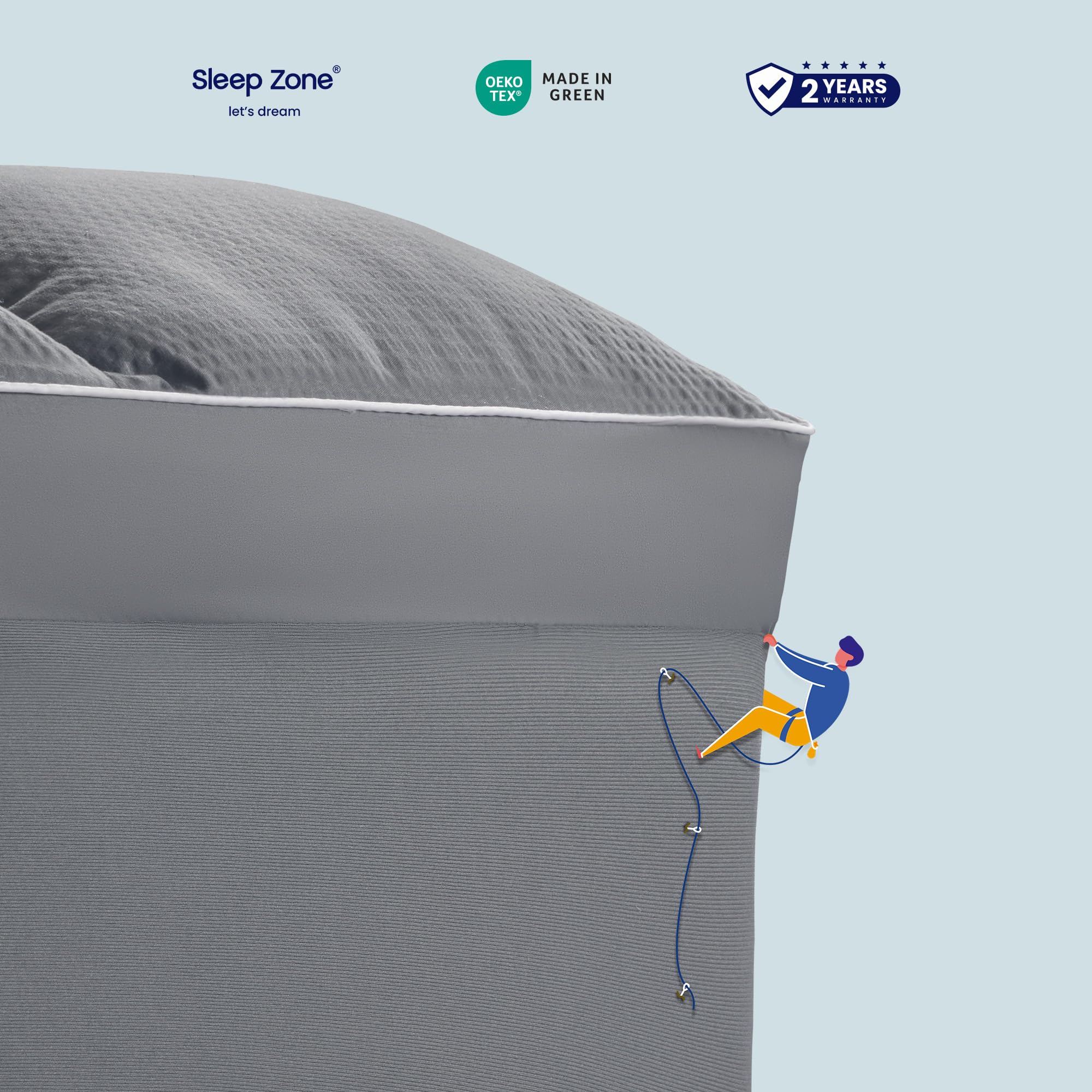 Sleep Zone grey fabric topper adds calm, hotel-like aesthetic
