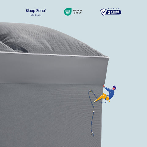 Sleep Zone grey fabric topper adds calm, hotel-like aesthetic