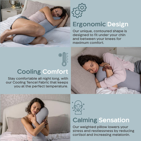 SleepCloud contoured design fits under chin and between knees for comfort