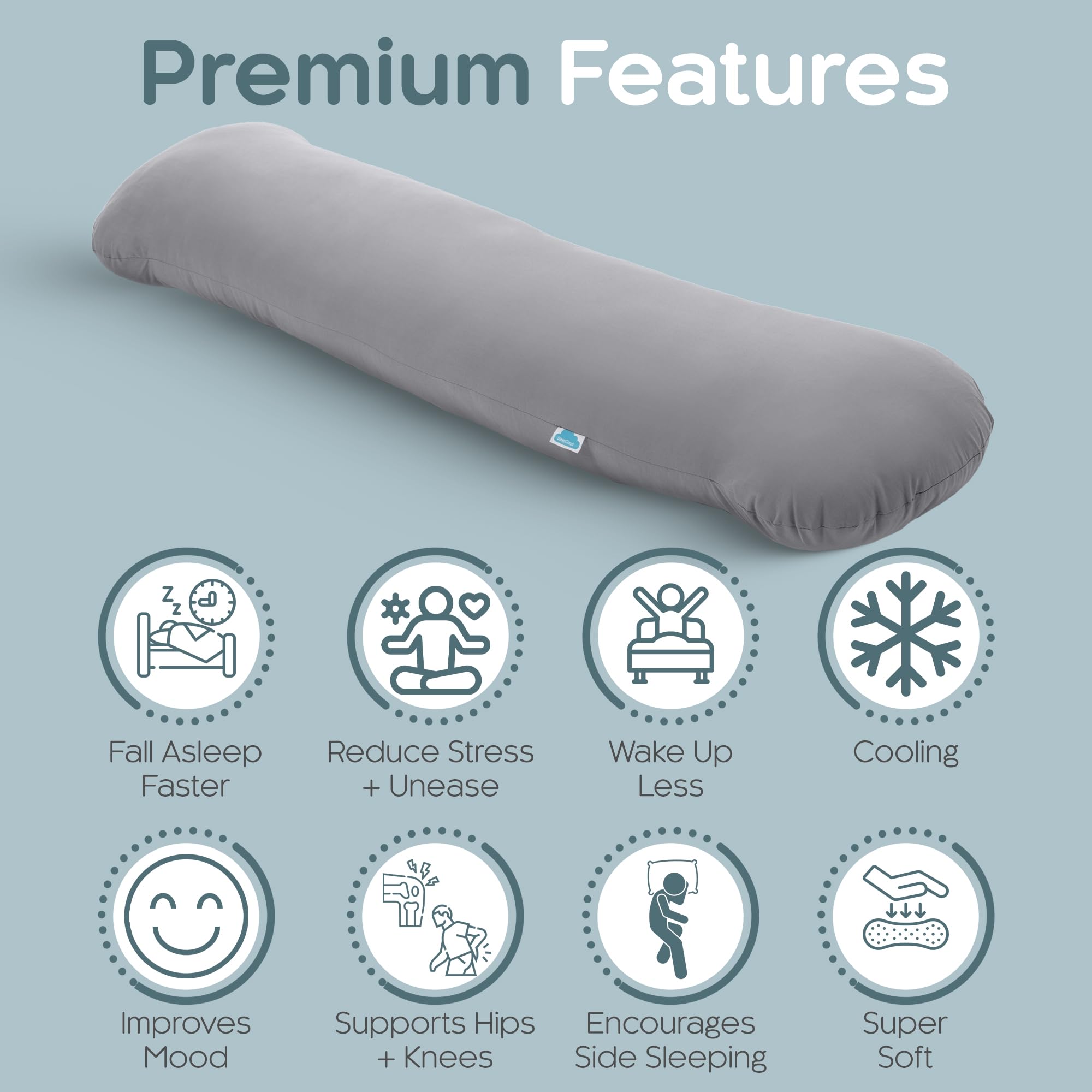 SleepCloud contoured design fits under chin and between knees for comfortable alignment
