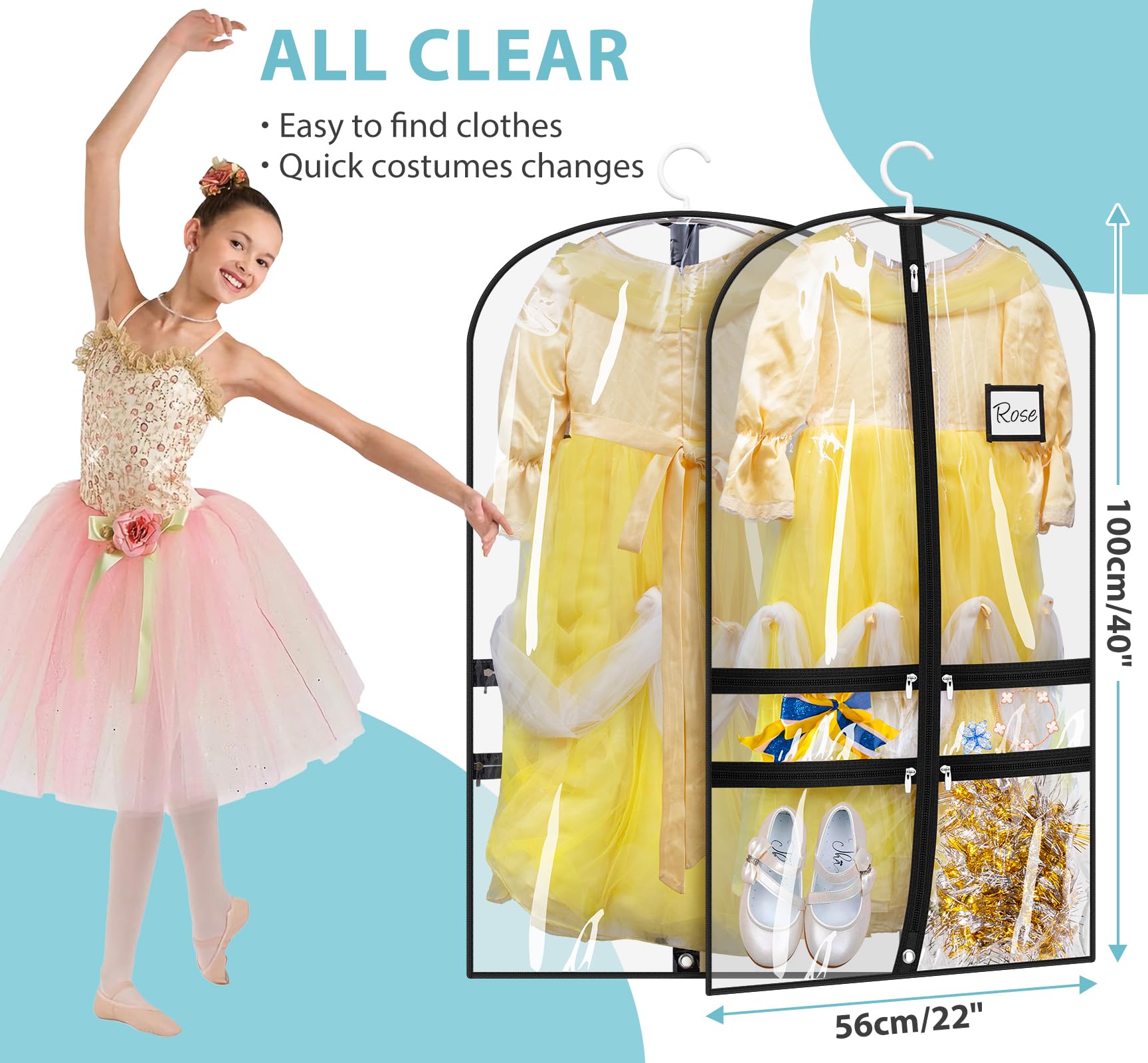 Sleeping Lamb 40-inch clear garment bag with pockets for tights and dresses