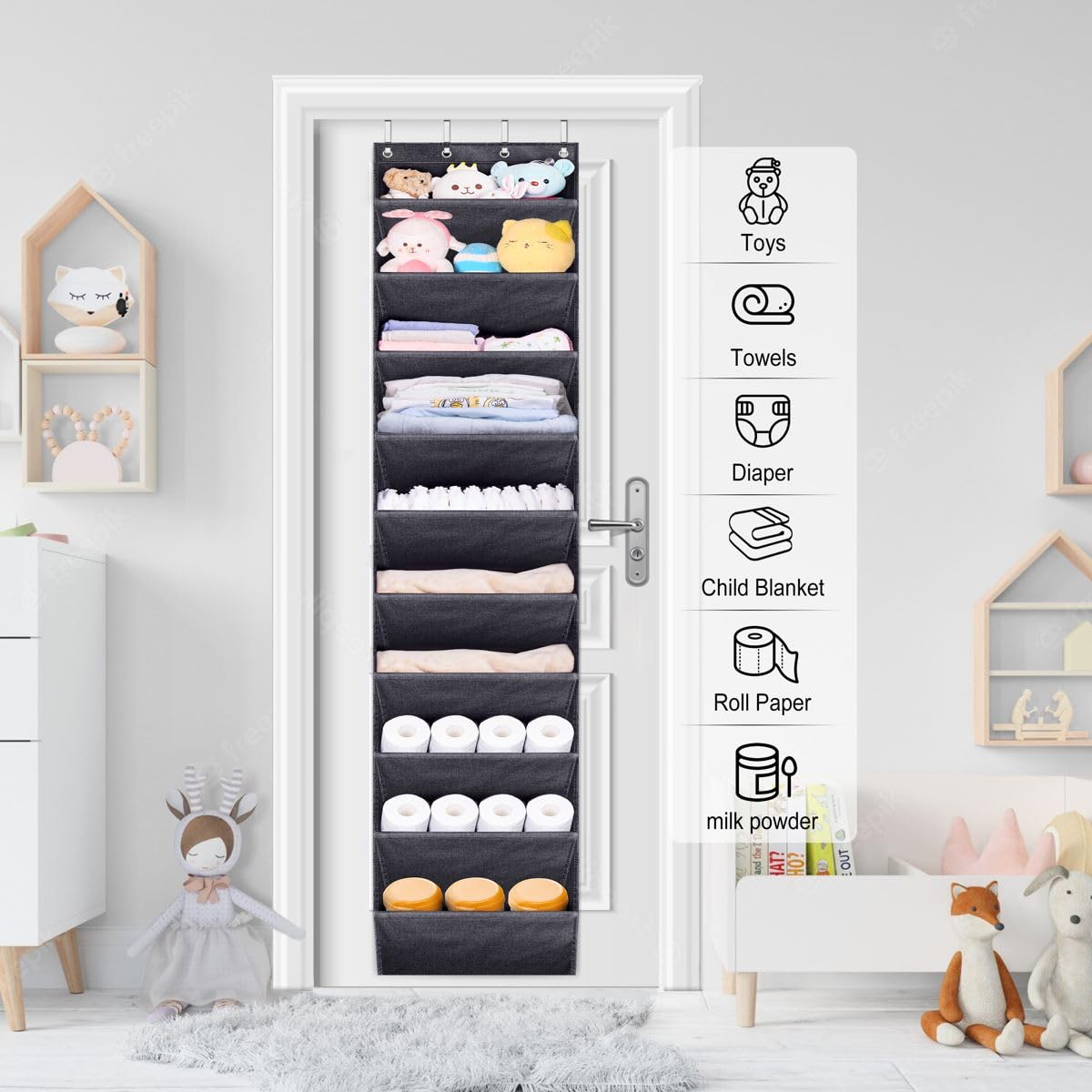 SLEEPING LAMB keeps boots and sneakers organized on door without sagging.