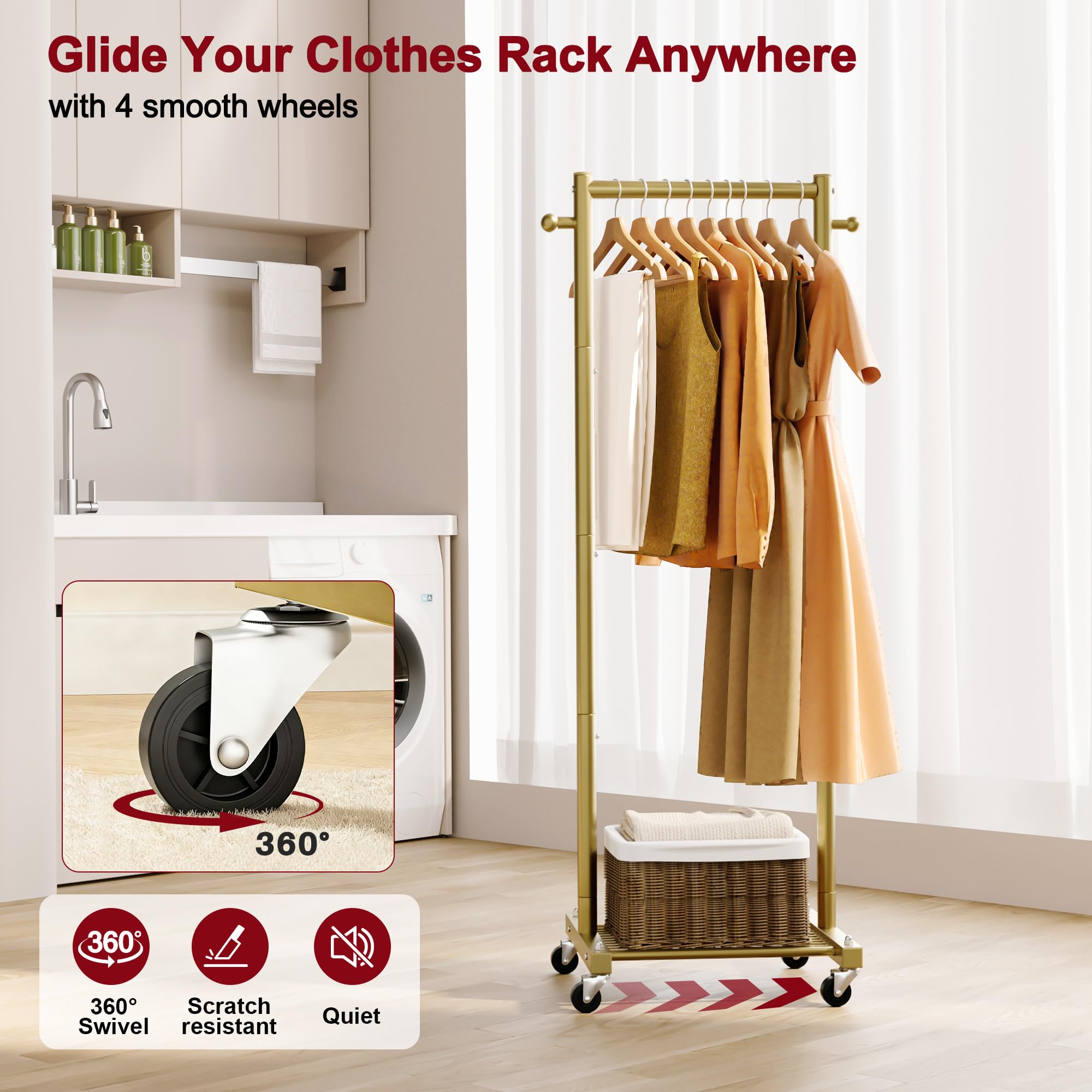 SLEEPING LAMB gold finish rack adds style while storing outfits.