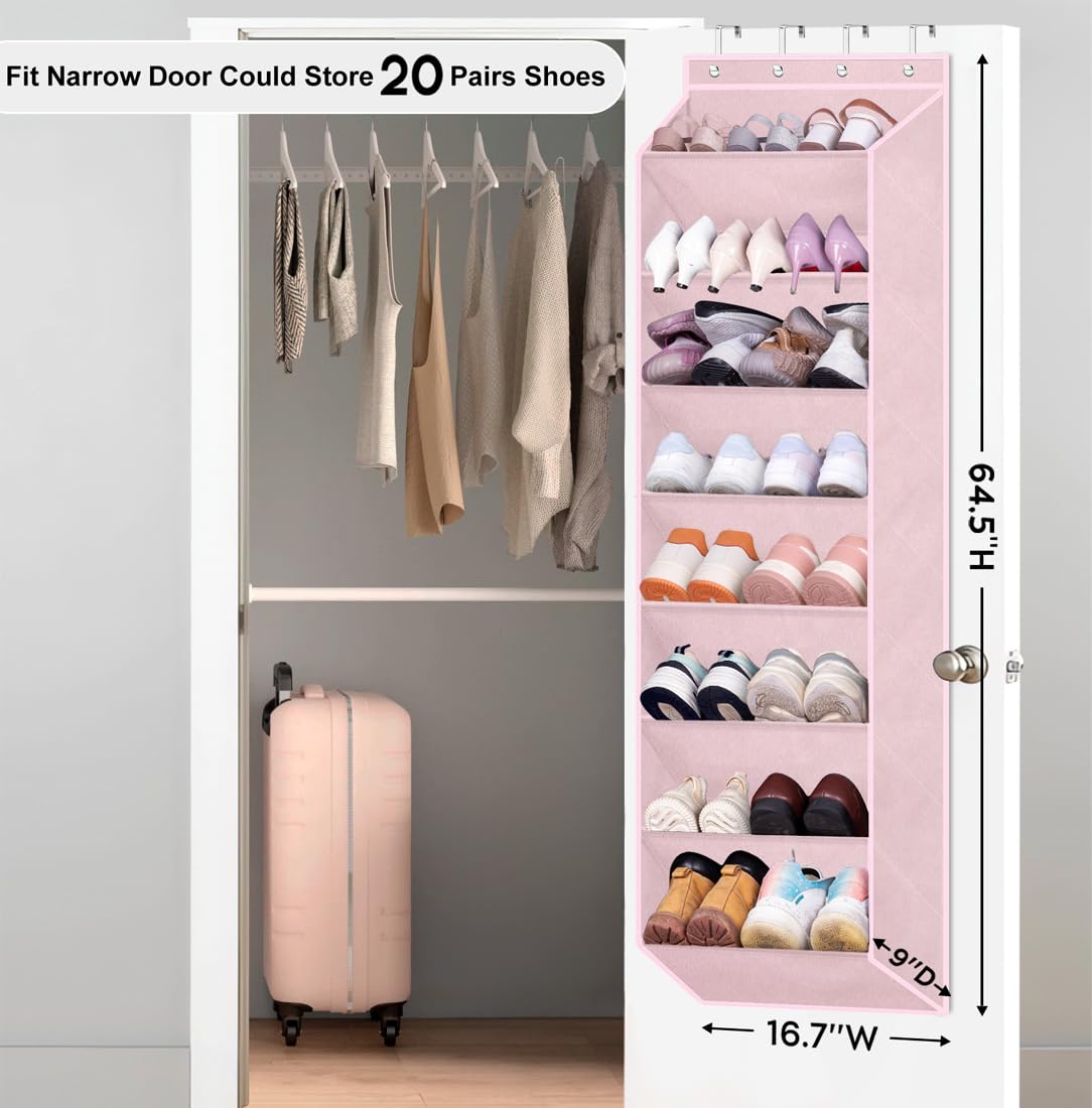 SLEEPING LAMB hanging shoe rack mounted on a door with four hooks.