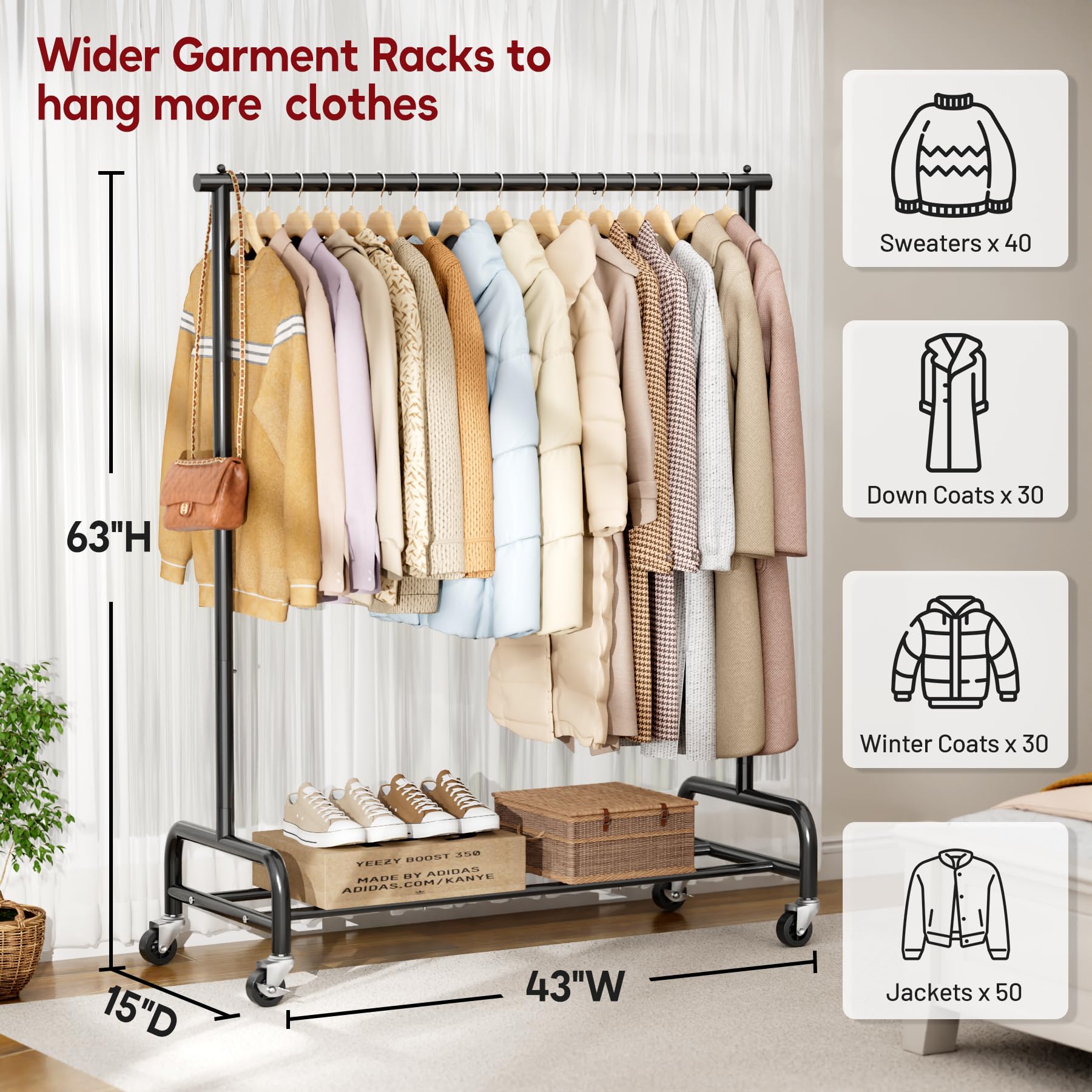 Sleeping Lamb heavy-duty clothes rack on wheels for easy mobility