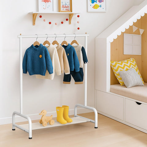 Sleeping Lamb kids clothing rack in nursery fits small spaces while remaining practical.