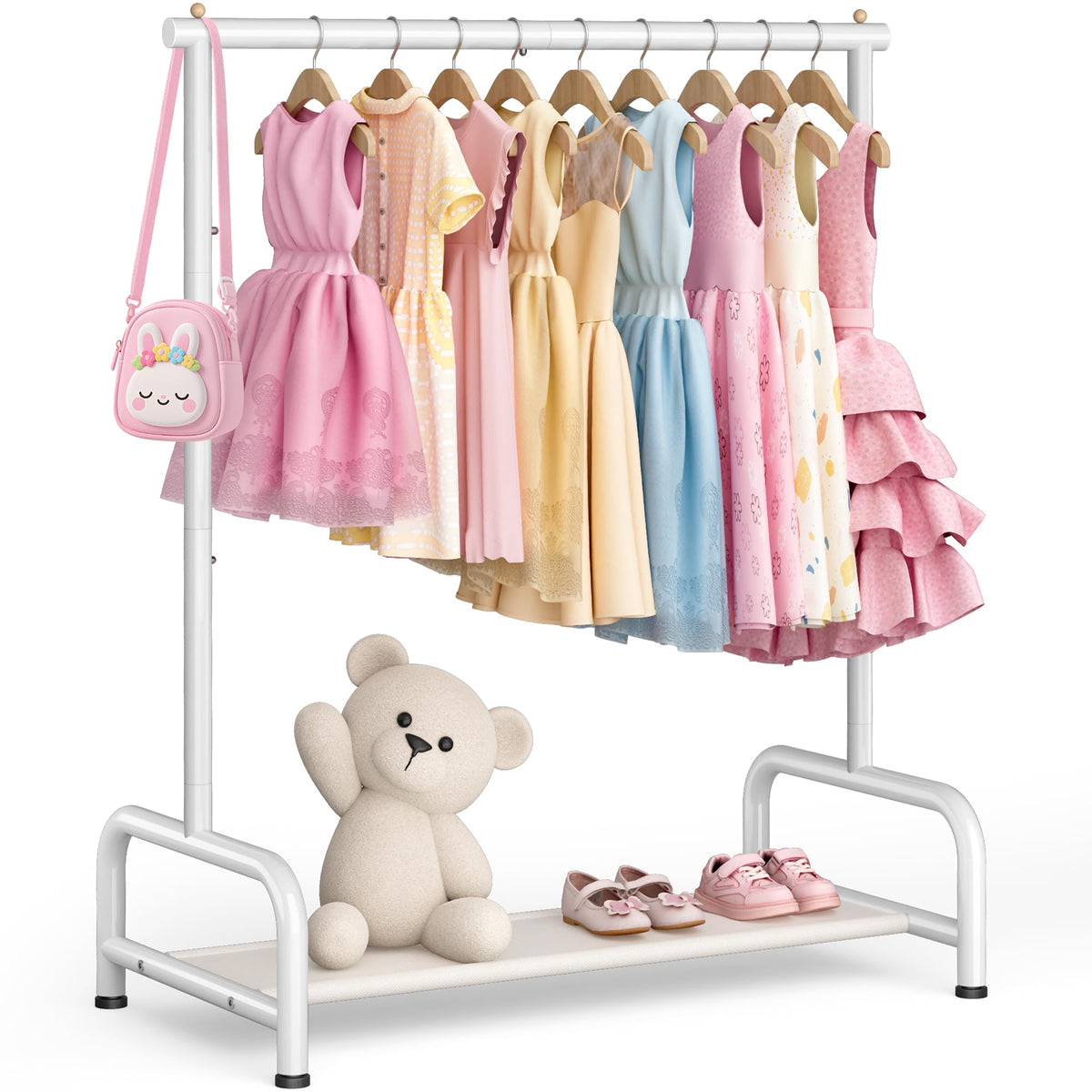 Sleeping Lamb kids clothing rack front view facilitates kids' independence by reaching clothes themselves.