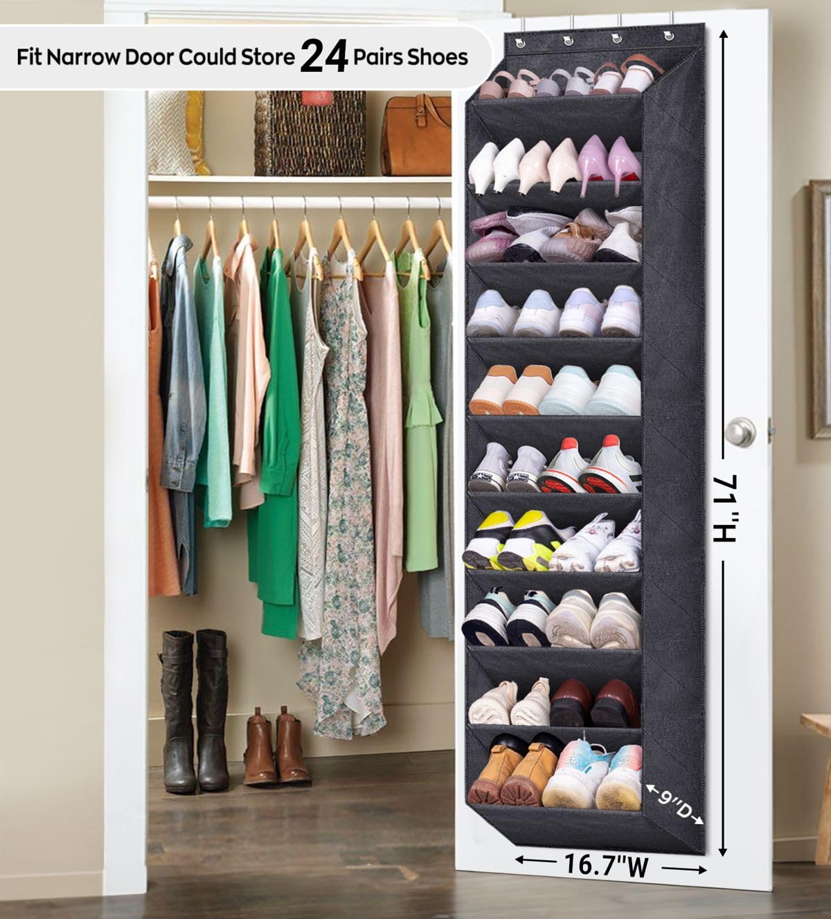 SLEEPING LAMB narrow door rack deep pockets safely accommodate size 7–12 footwear.