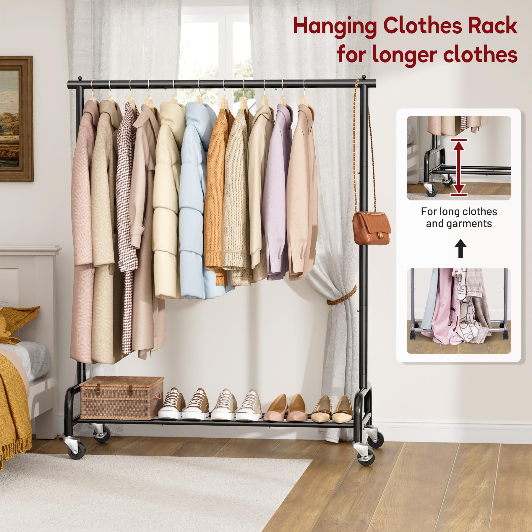 Sleeping Lamb rolling garment rack on wheels ready for room-to-room use