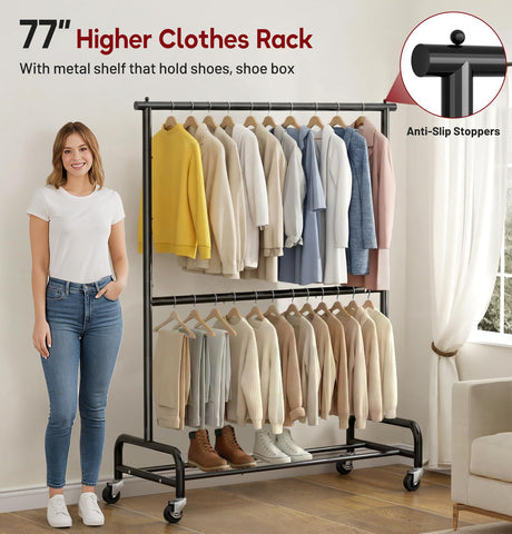 Sleeping Lamb shelves accommodate shoes and storage boxes beside clothing.