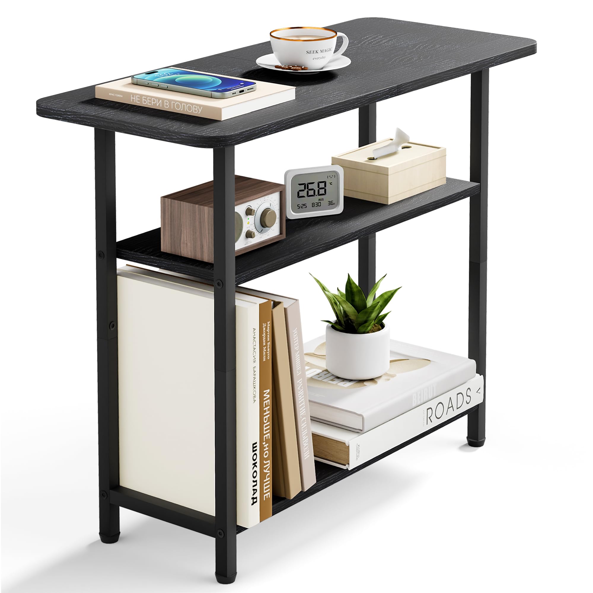 Sleeping Lamb side table with a three-tier wood top keeps living room essentials tidy