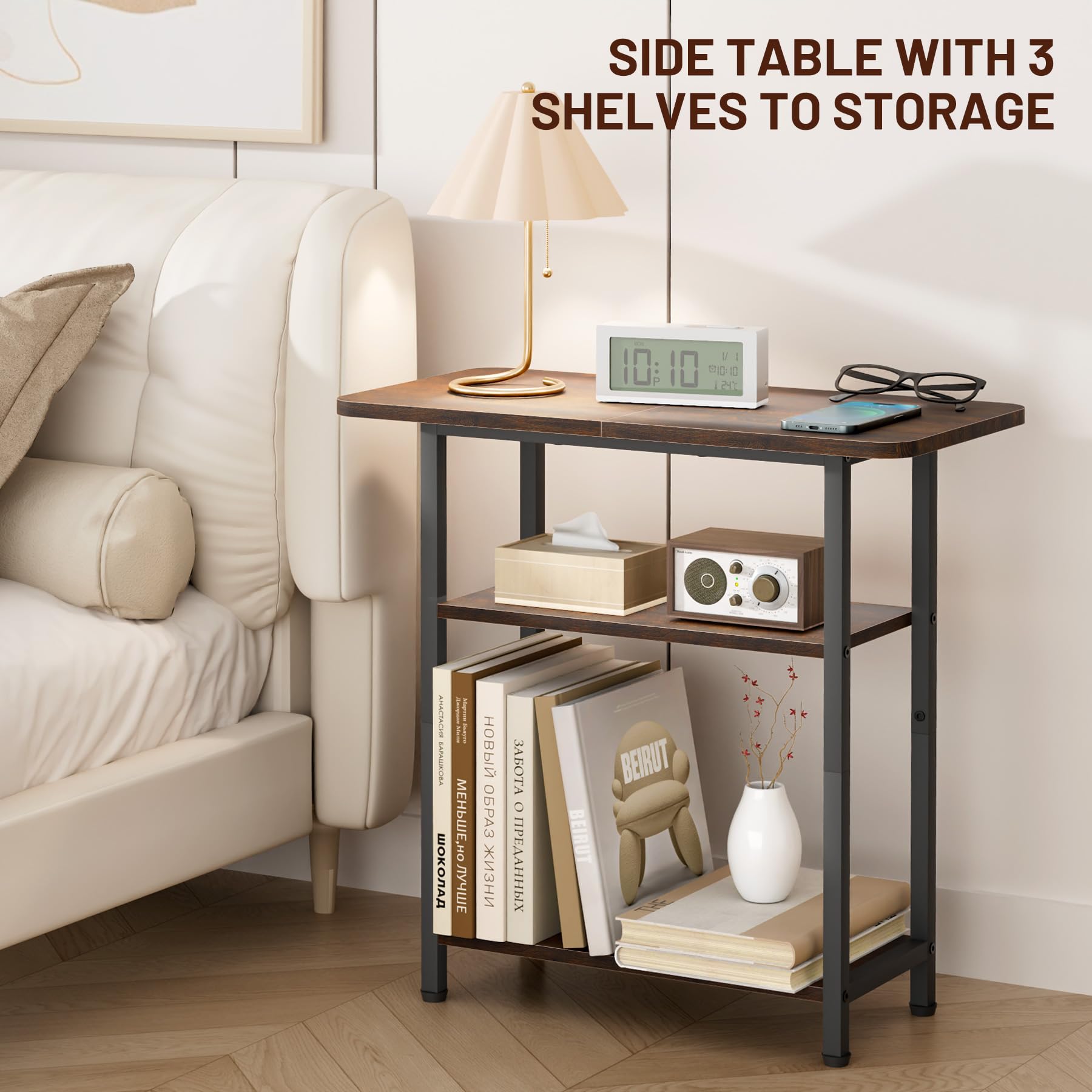 Sleeping Lamb wide tabletop end table ideal for laptop, coffee, and books.