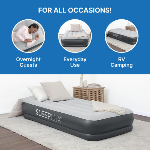 SleepLux air mattress inflates quickly with built-in pump.