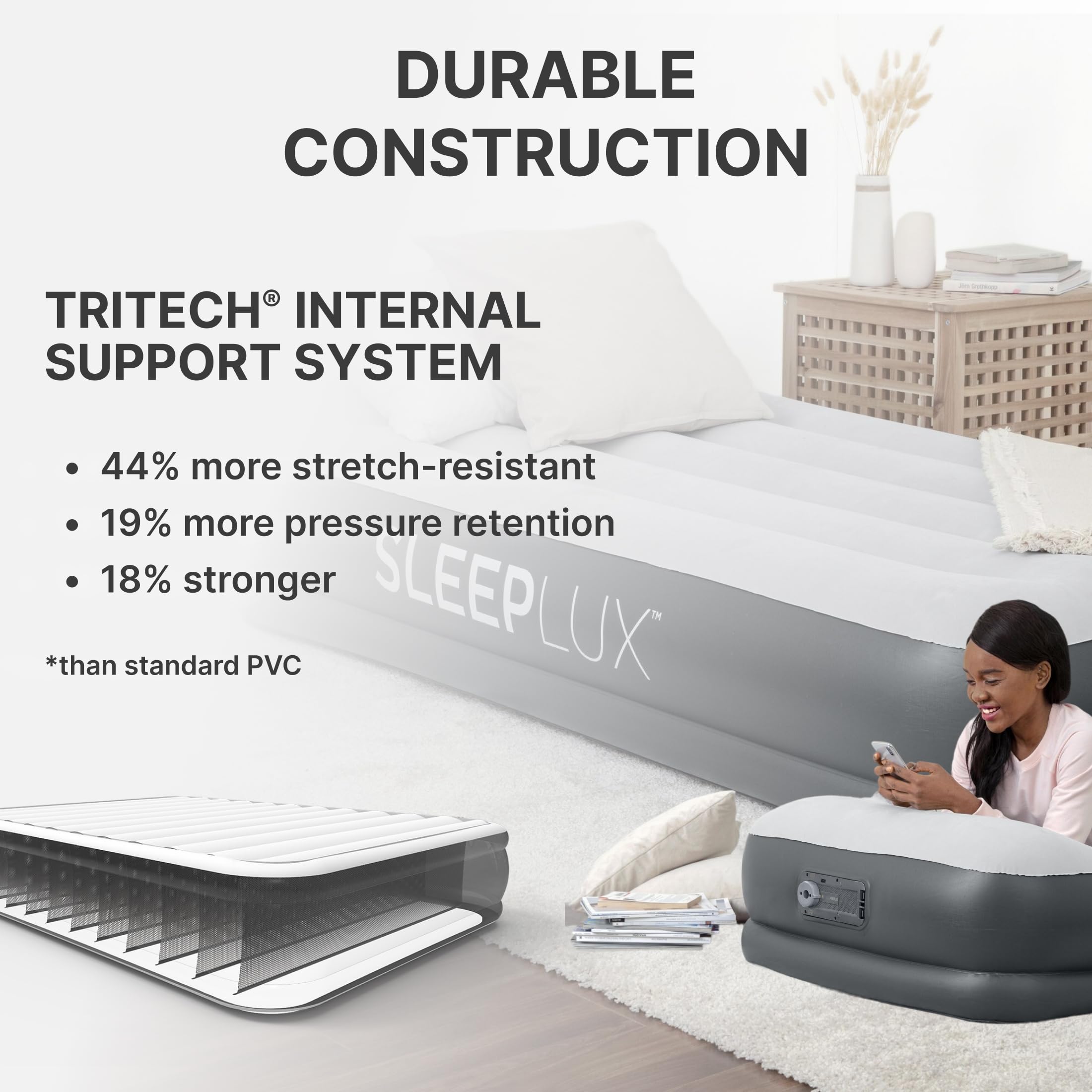 SleepLux air mattress with included storage bag for easy transport.