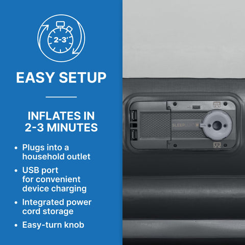 SleepLux air mattress with USB charger to power devices overnight.