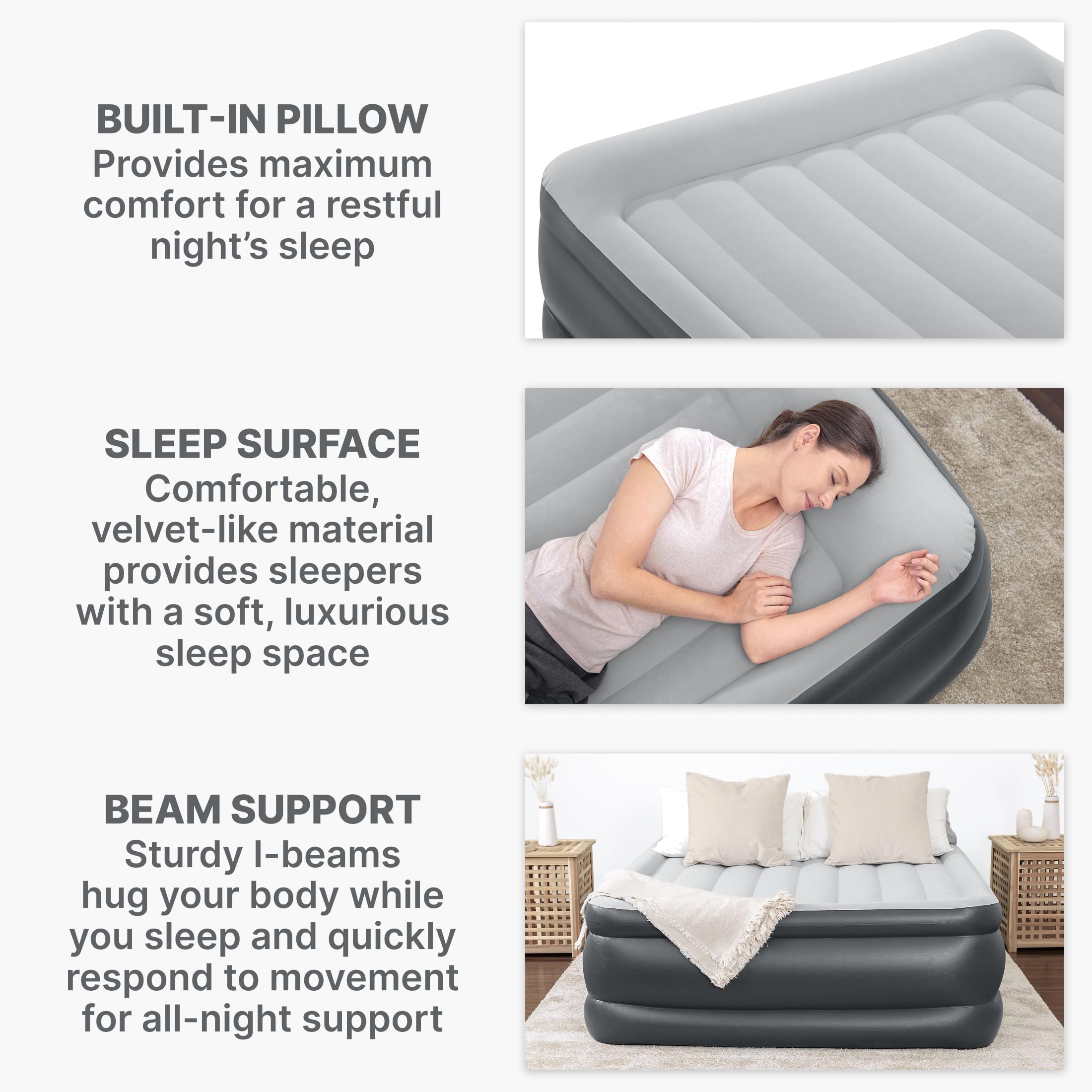 Quiet built-in pump inflates SleepLux mattress in minutes