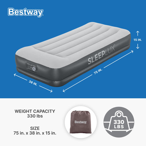 SleepLux twin air mattress with built-in pillow for comfortable nights.