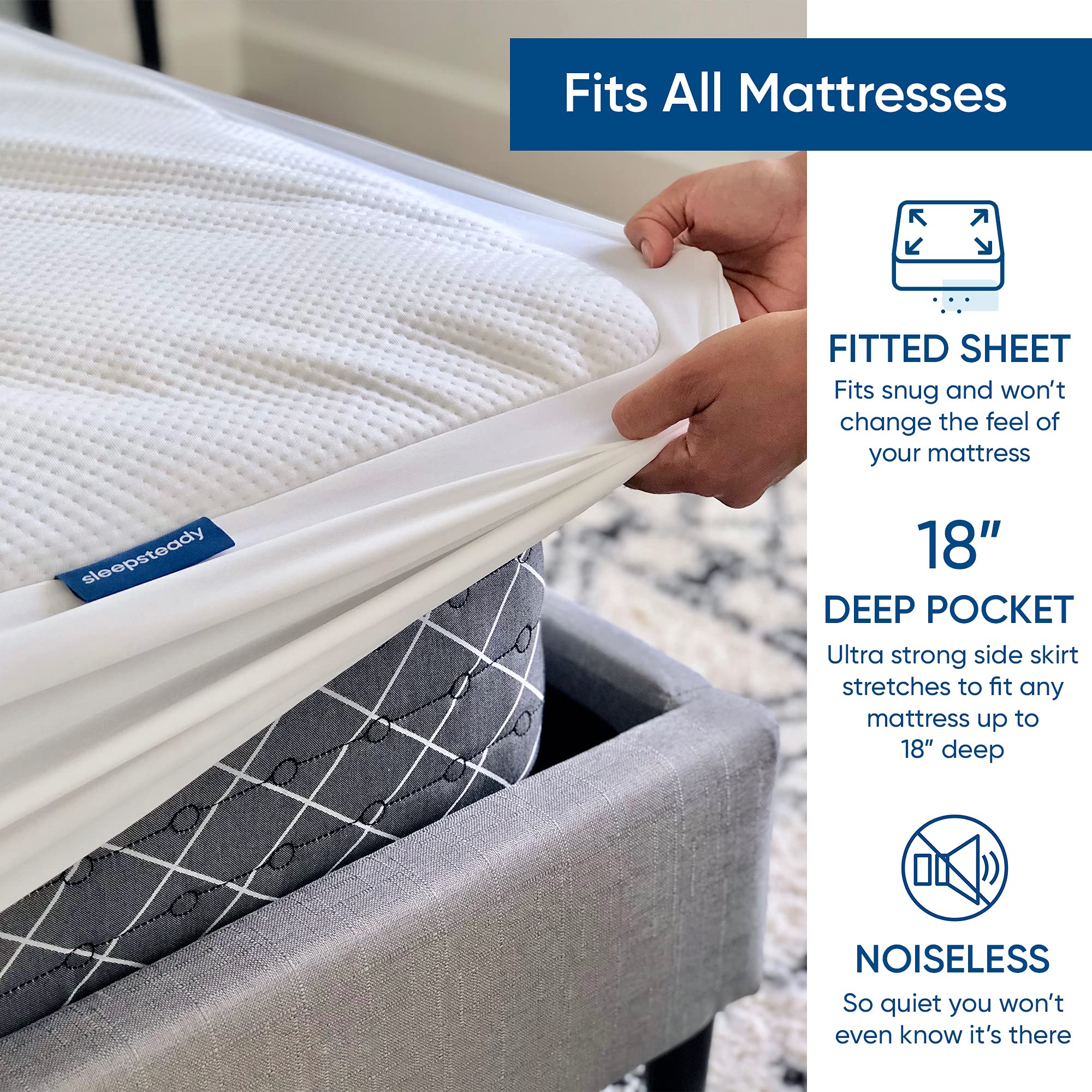 Sleepsteady mattress protector is shown being machine washed for easy cleanup.
