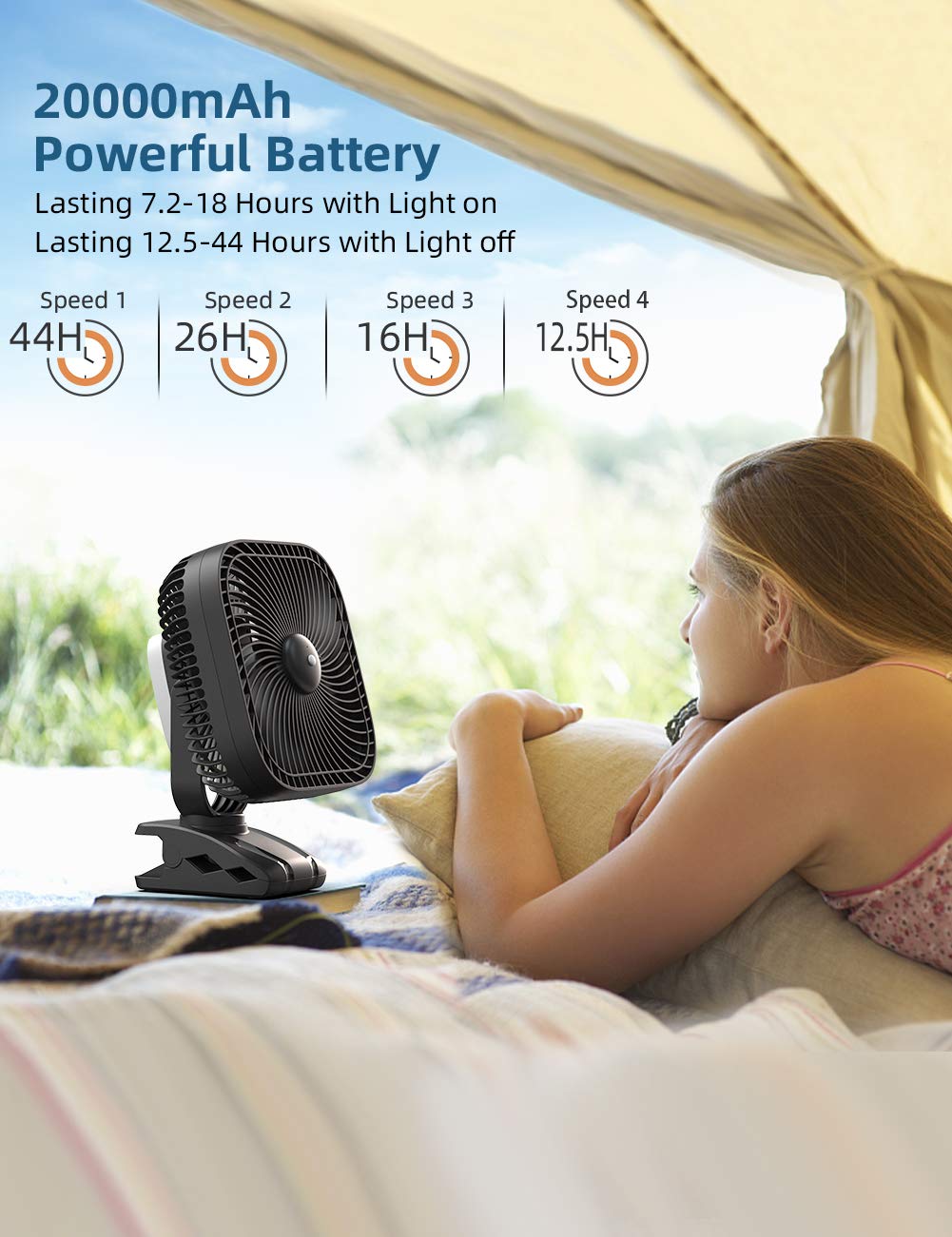 Slenpet clip-on fan with LED light turned on for campsite ambiance.