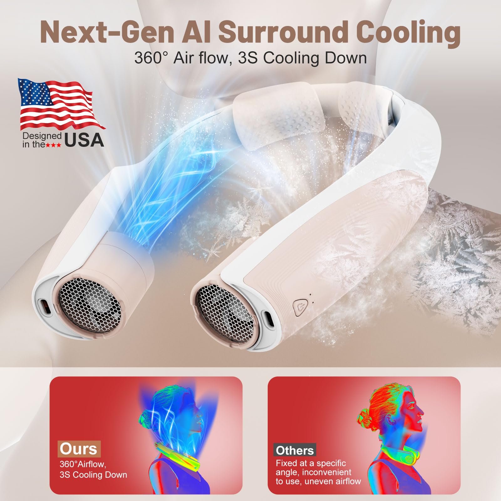 Slientspin neck fan with 8000mAh battery for long runtime during travel.