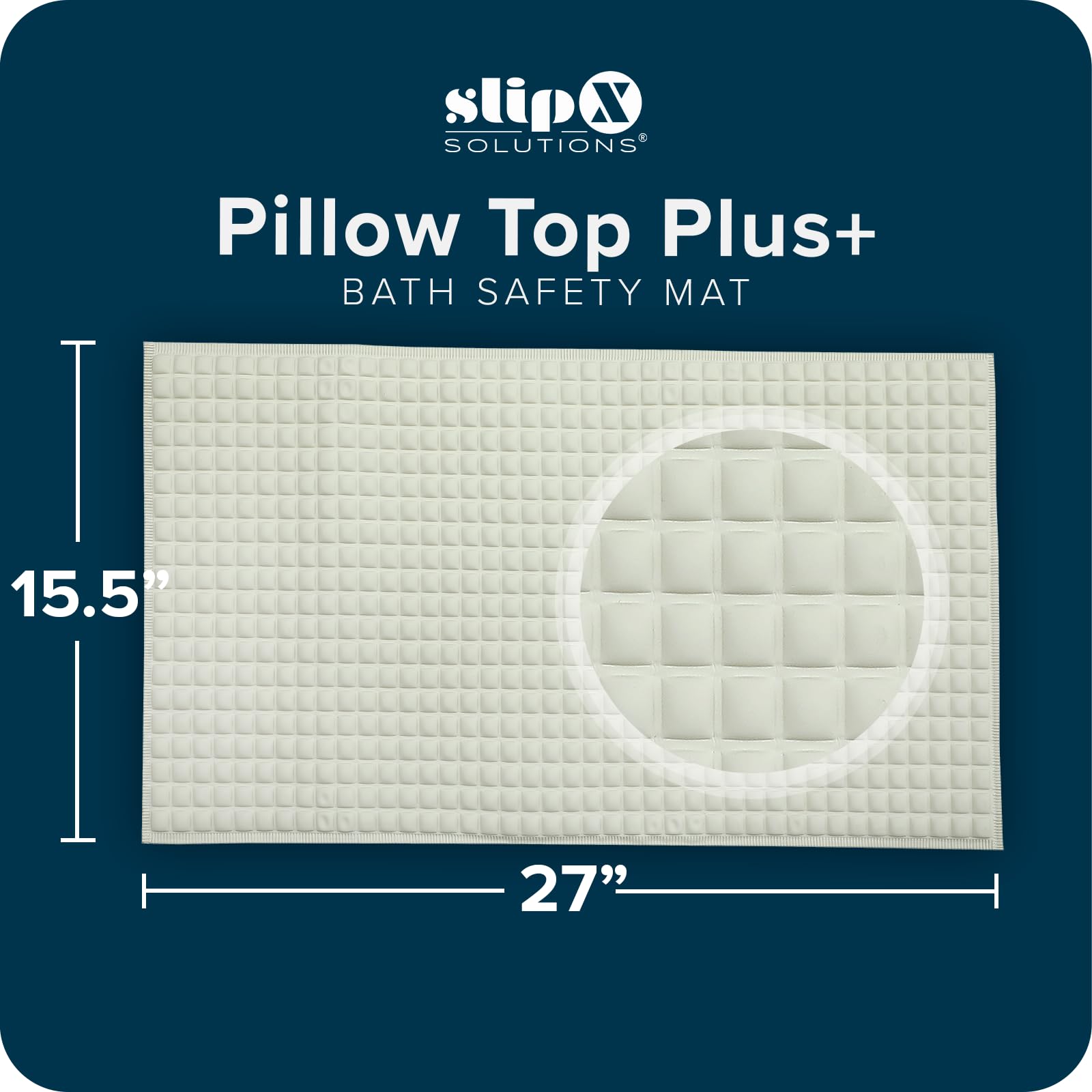 SlipX Solutions Pillow Top Bath Mat shown in 27 by 15.5-inch size for comfortable footing