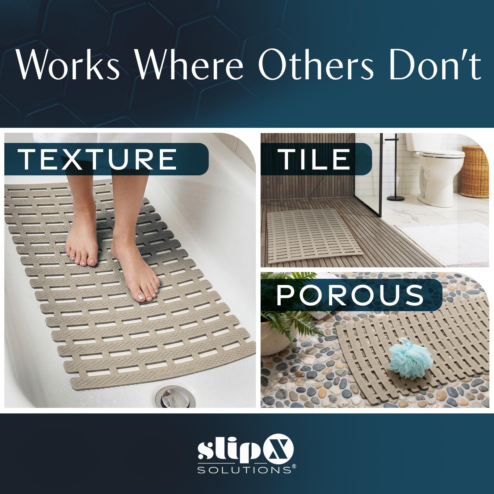 SlipX Solutions weighted mat on textured shower floor for stability.