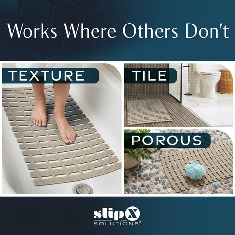SlipX Solutions weighted mat on textured shower floor for stability.