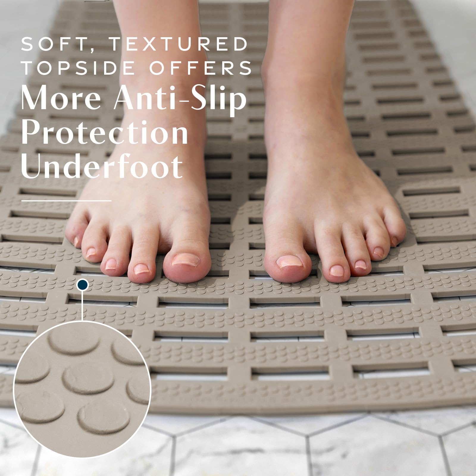 Built-in drainage channels prevent standing water on the mat.
