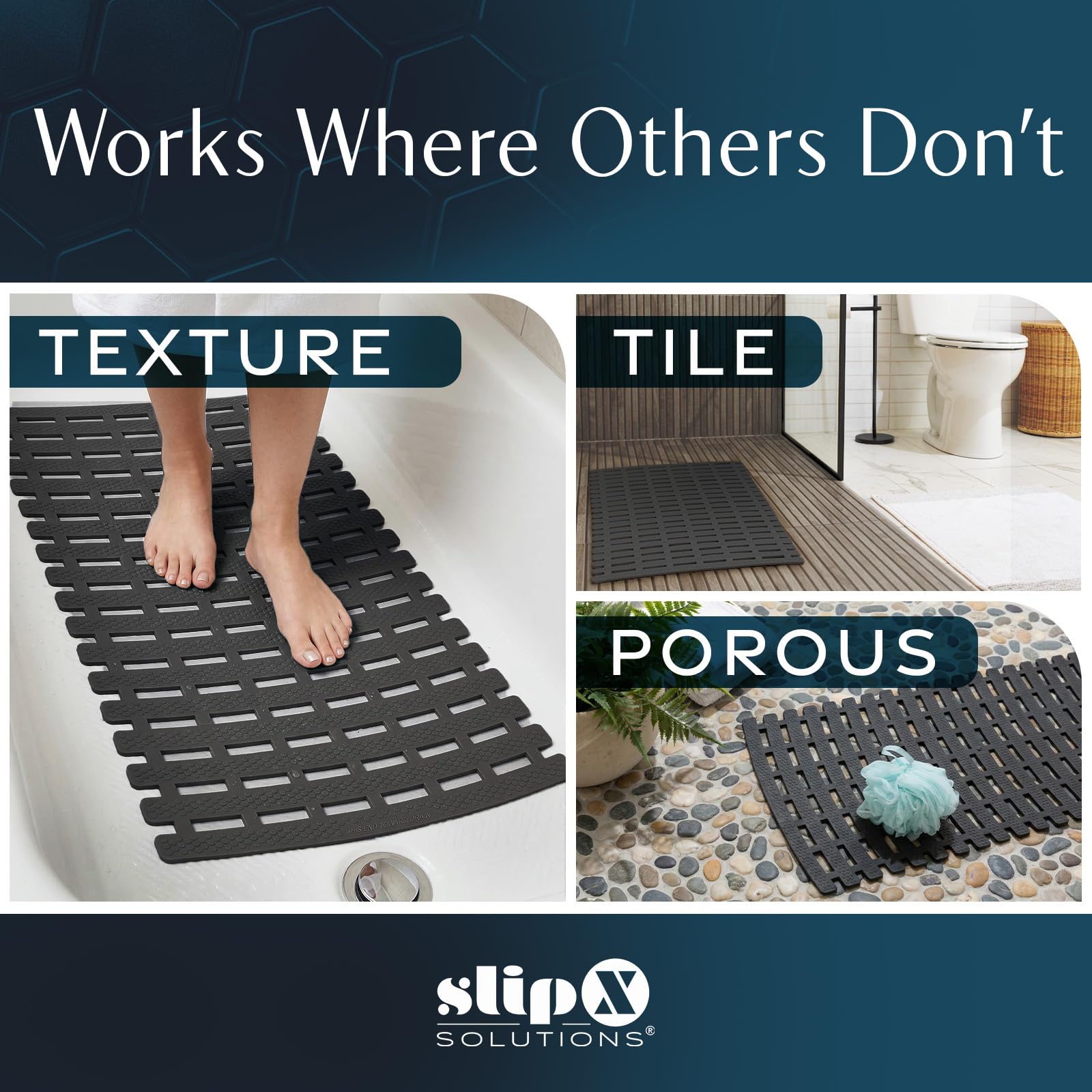 SlipX Solutions weighted mat with no suction cups resting securely on tub surface.