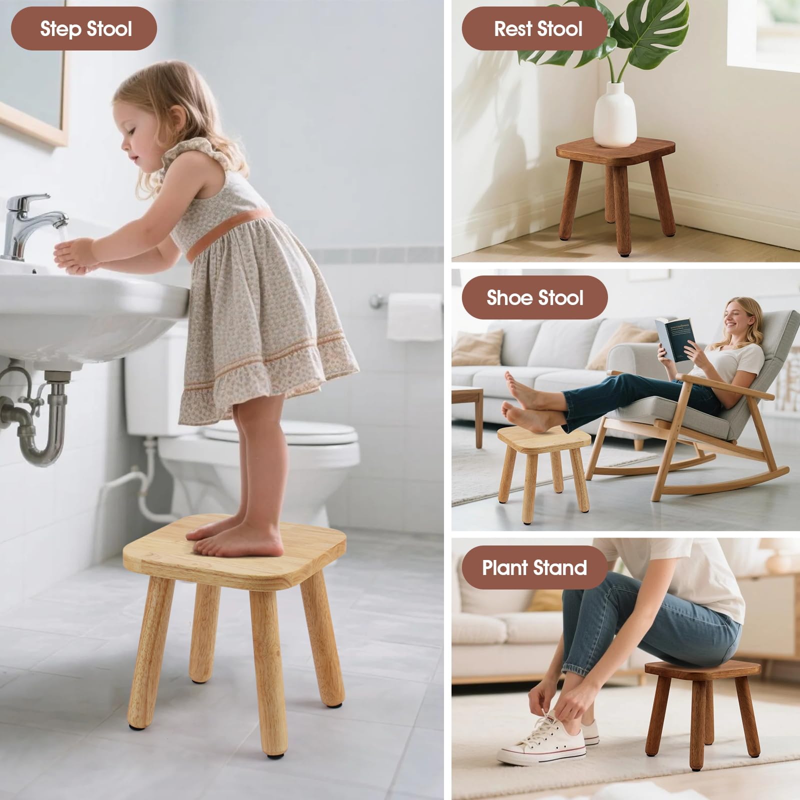 Slirike solid wood stool supports up to 300 lbs with stable base.