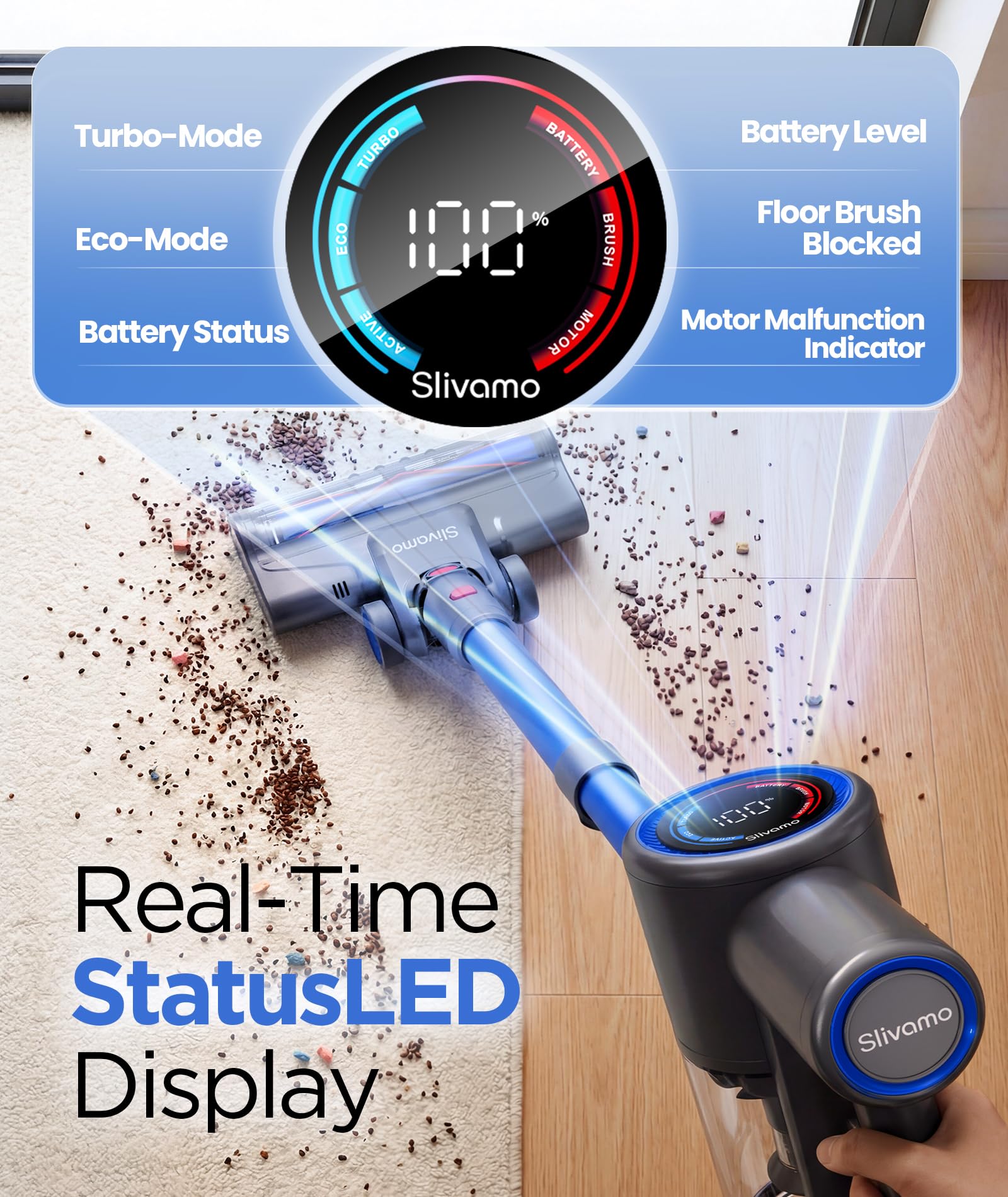 Slivamo S10 LED display clearly indicates battery and mode for effortless control.