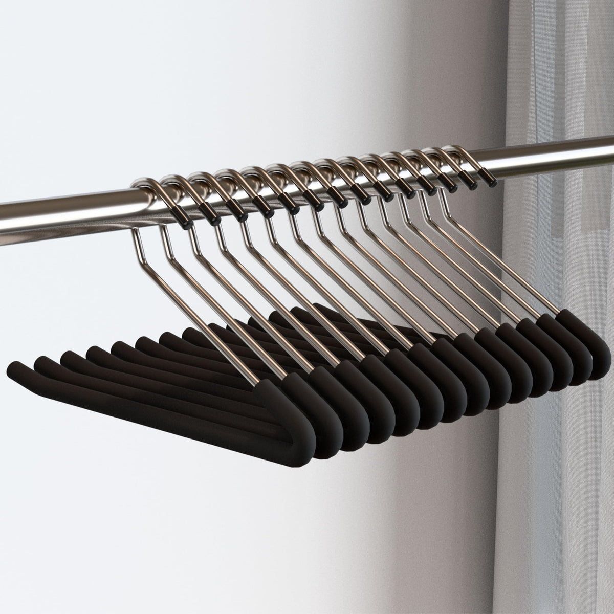 SLMT open-ended pants hanger enables easy add/remove without removing from rod