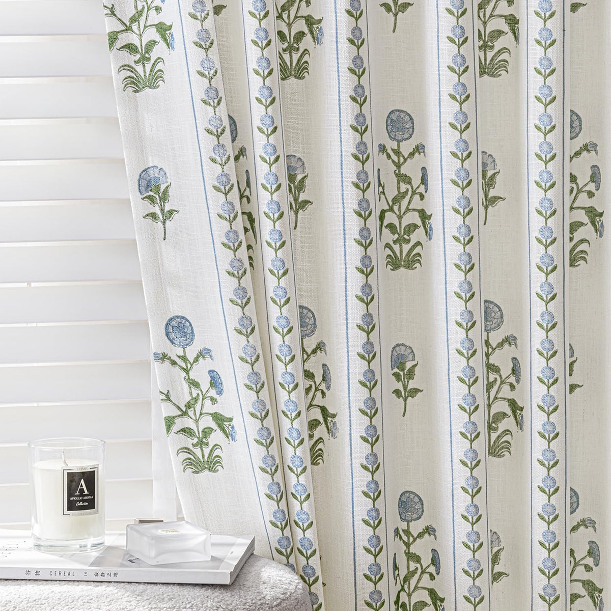 Slozzi flower-pinched-pleated linen curtains in blue and white pattern for refined living spaces