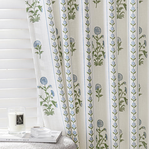 Slozzi flower-pinched-pleated linen curtains in blue and white pattern for refined living spaces