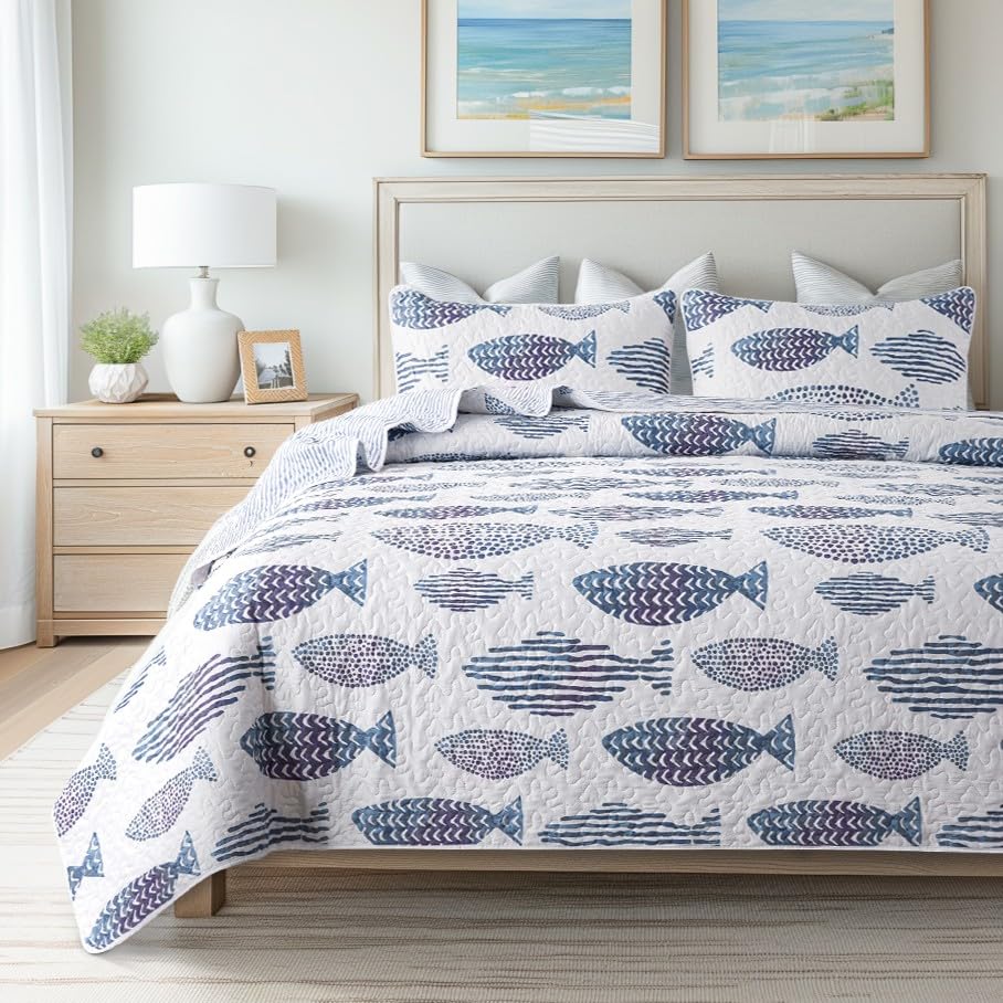 SLPR Sea of Dreams twin quilt set on a neatly made bed for coastal calm.