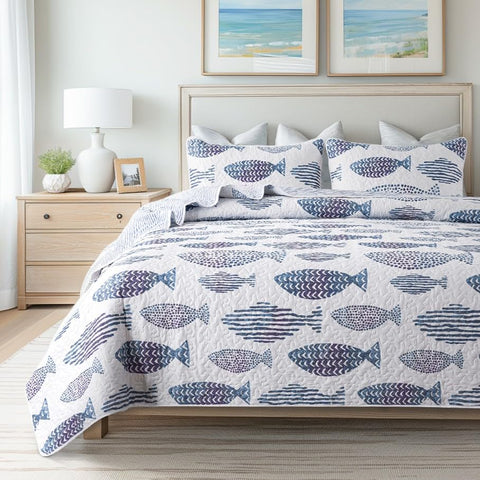 SLPR Sea of Dreams twin quilt set on a neatly made bed for coastal calm.