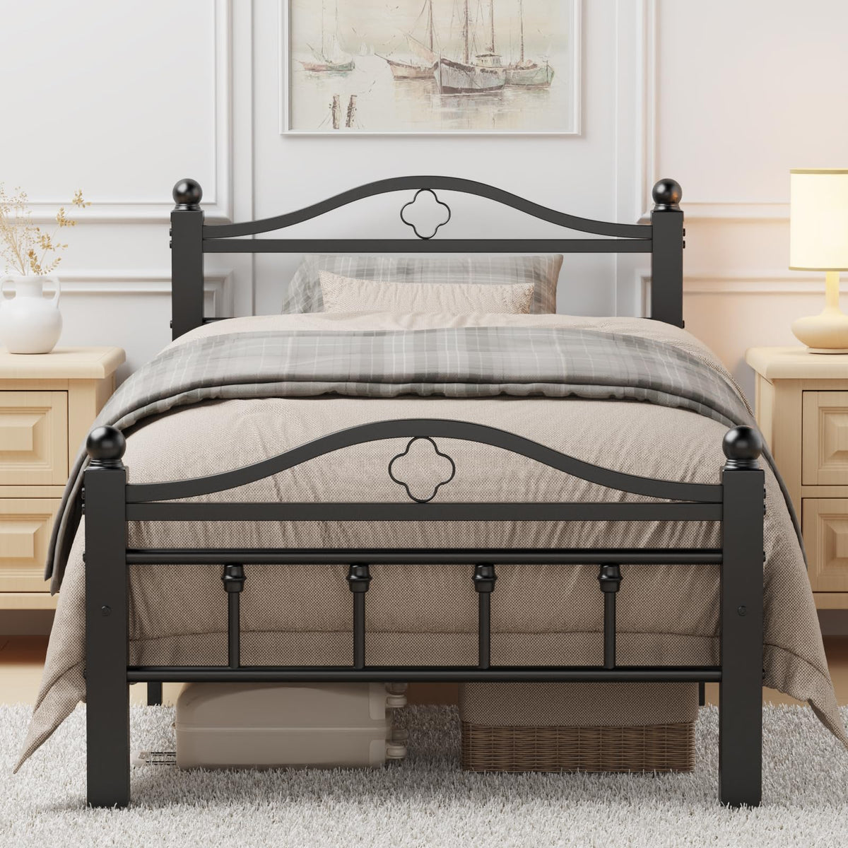 Slumber Haven twin bed frame with vintage headboard adds timeless style and sturdy support.