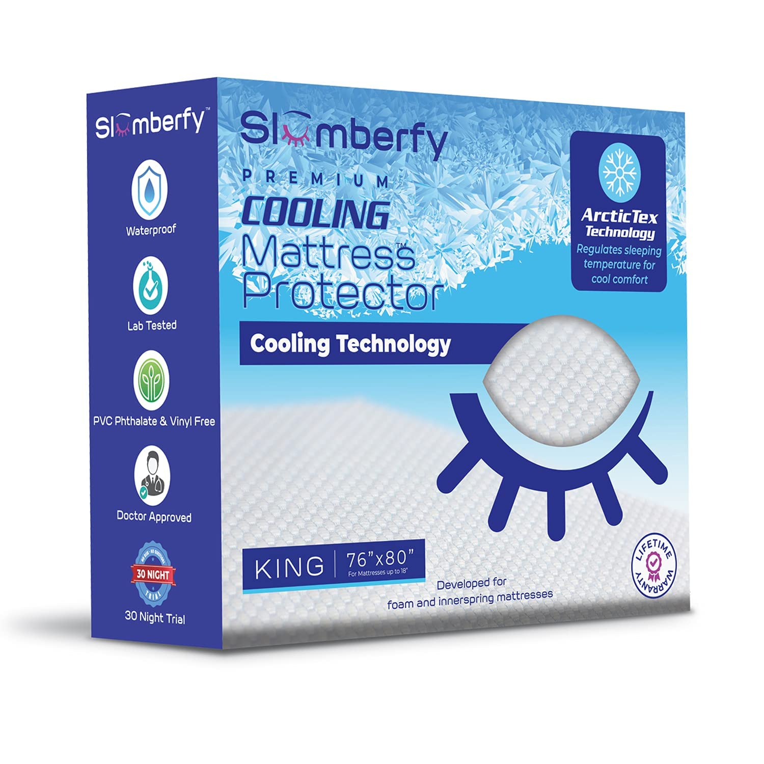 Slumberfy cooling mattress protector top view showing temperature regulation for cooler nights