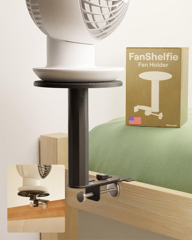 Smallish FanShelfie adjustable fan holder demonstrates customizable height for dorm bed cooling.