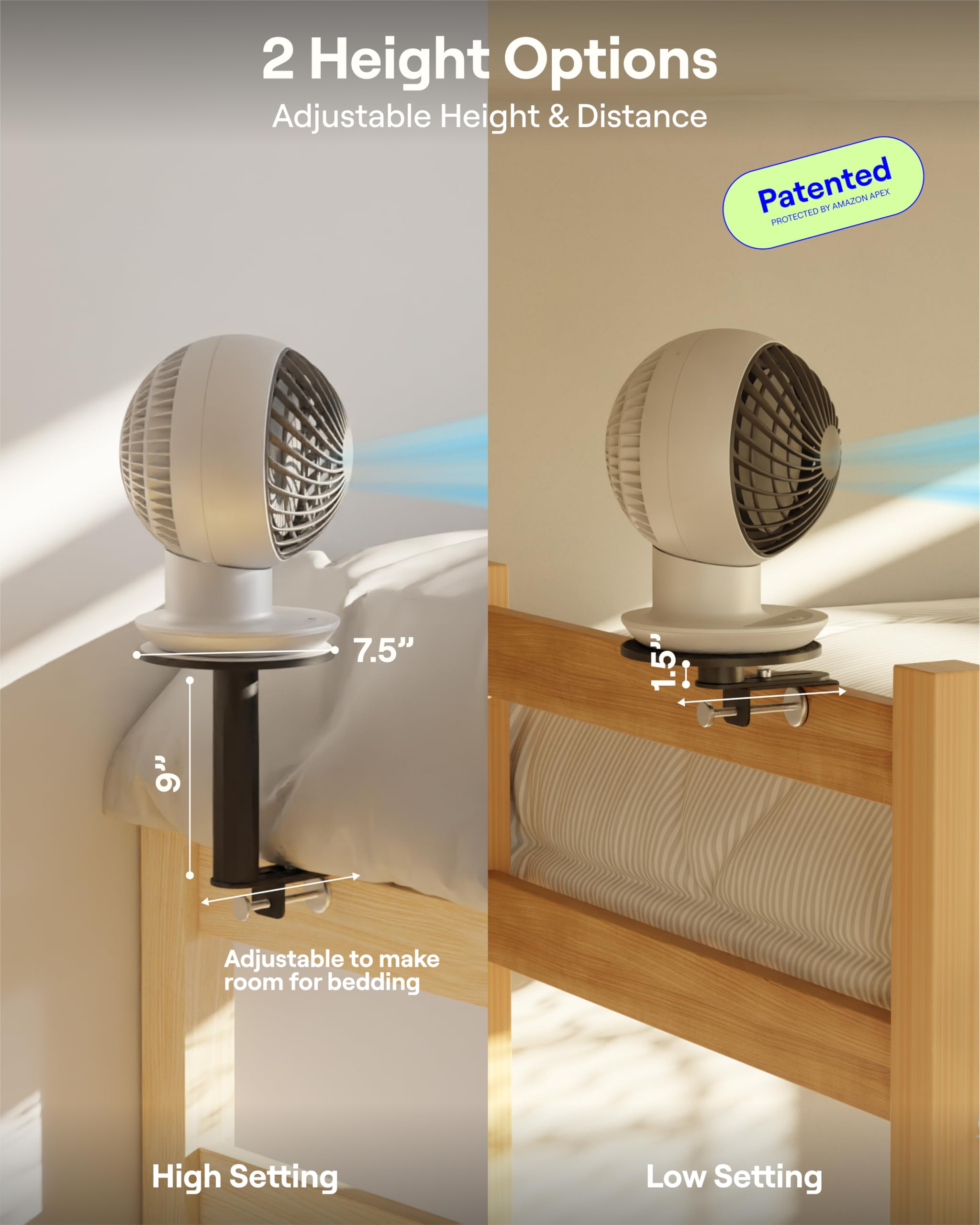 Smallish FanShelfie durable clamp design keeps fan steady for all-night airflow.