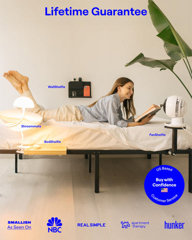 Smallish FanShelfie keeps night airflow unobtrusive while maximizing bed space in dorms.