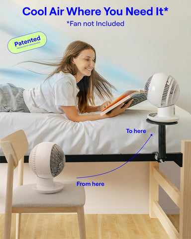 Smallish FanShelfie universal Velcro system secures dorm fans without screws for quick setup.