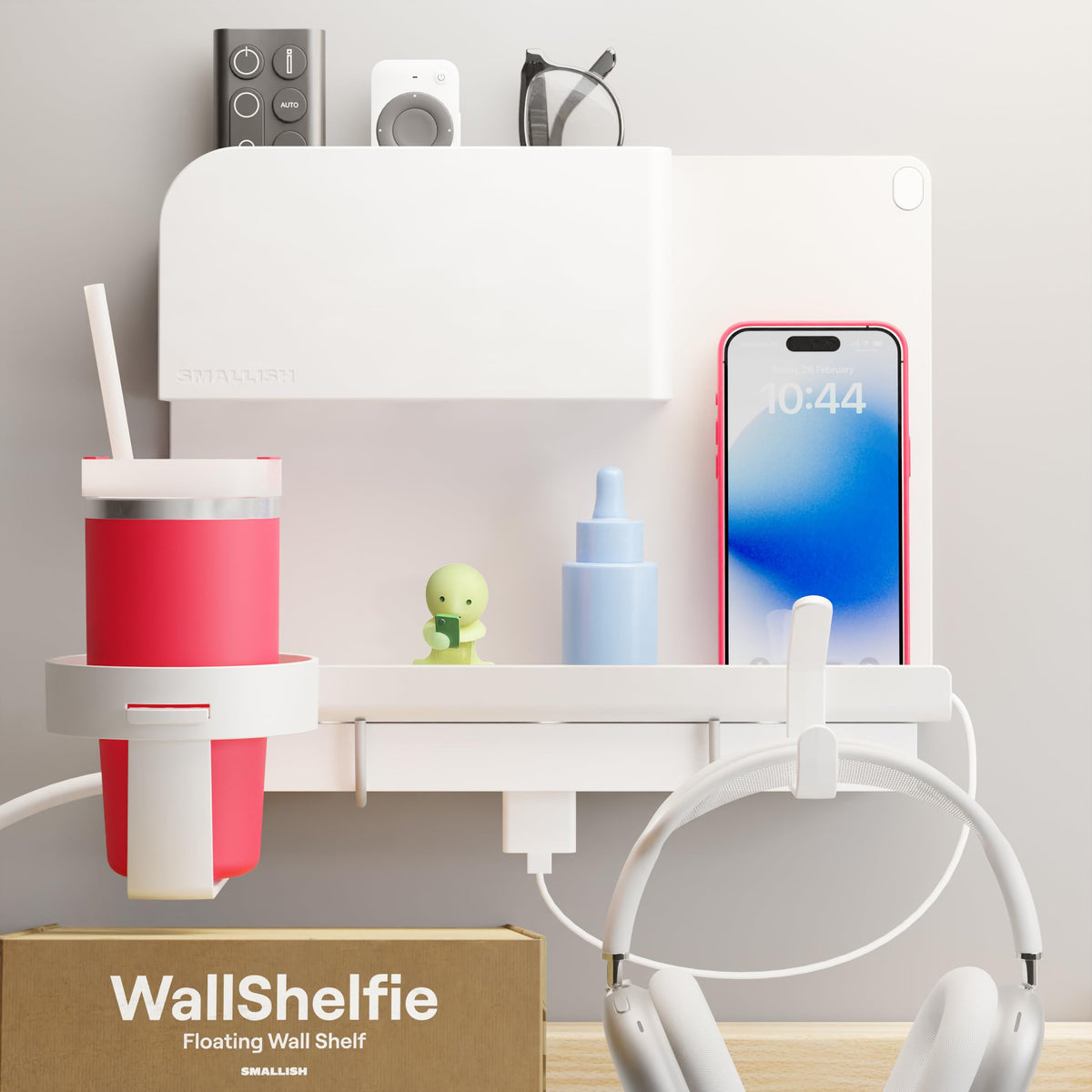 Smallish Wallshelfie bedside wall shelf mounted for clutter-free dorm storage.